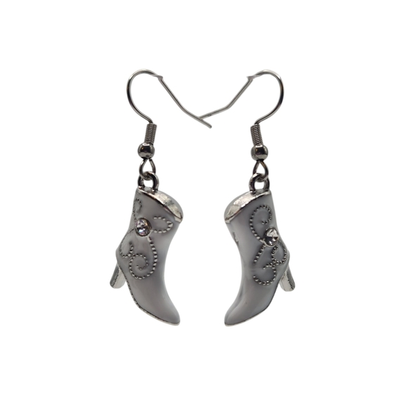 Western Cowboy Boot Earrings White Silver Tone | Handmade Country Cowgirl Dangle - Picture 4 of 5